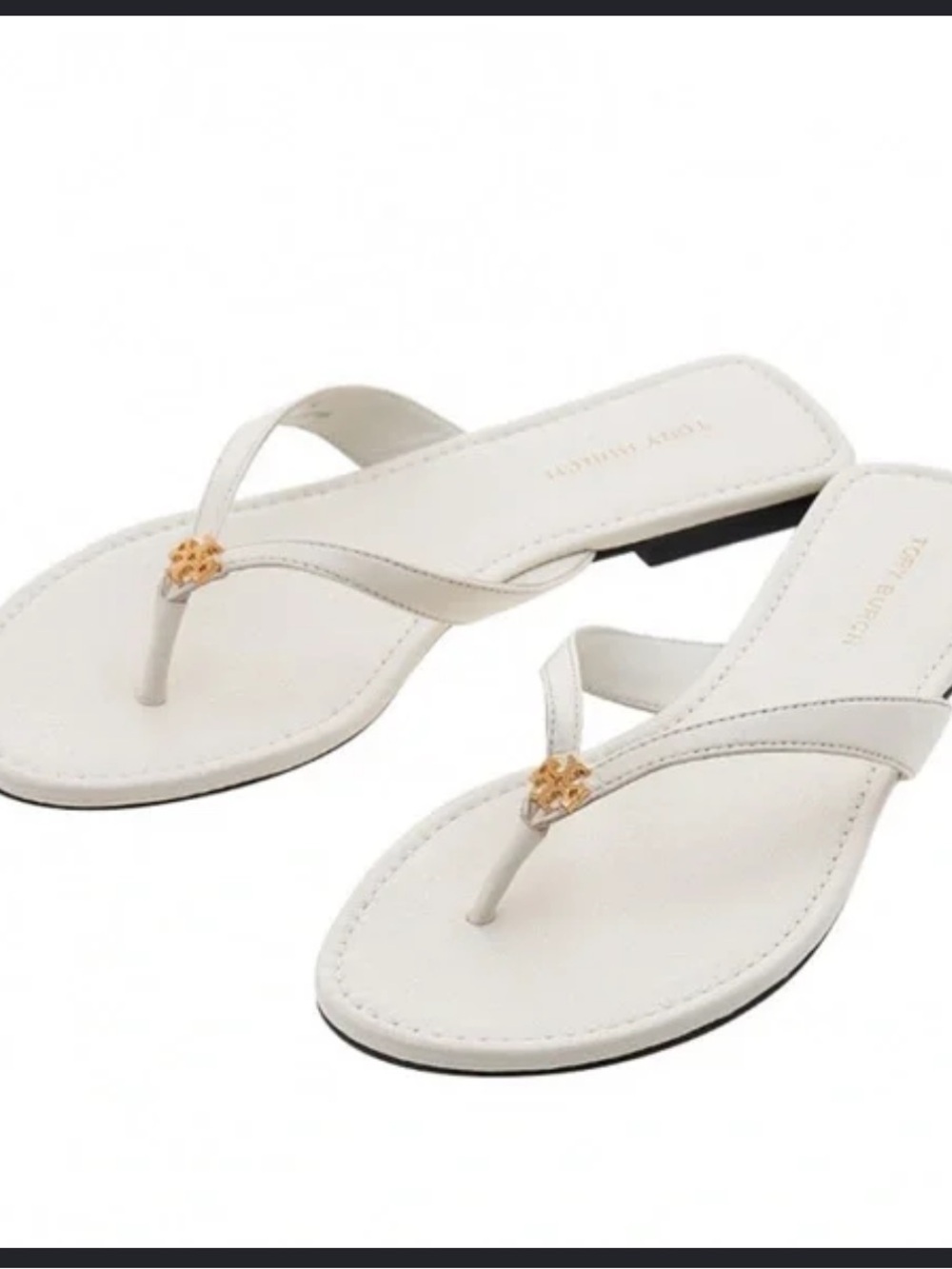 New Tory Burch Simple Logo Calf Leather thong Sandals White Ivory Flat